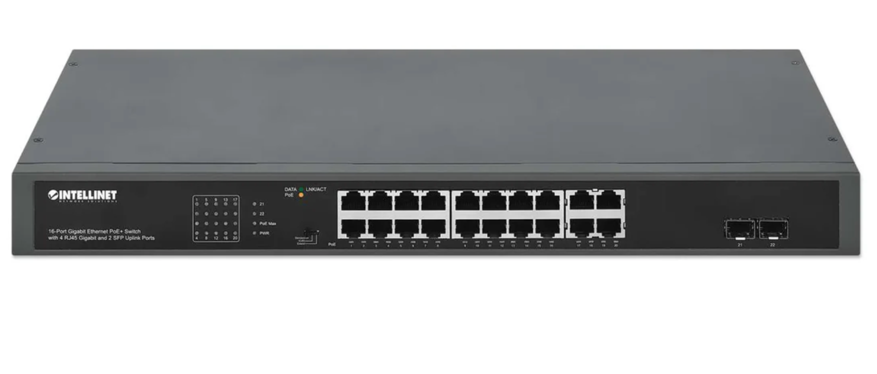 16-Port Gigabit Ethernet PoE+ Switch with 4 RJ45 Gigabit and 2 SFP Uplink Ports