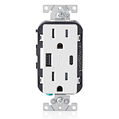 Leviton T5633-W - 5.1A USB Type A/Type-C Wall Outlet Charger with 15A Tamper-Resistant Outlet