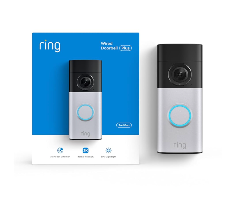 Ring Wired Doorbell Plus (Newest Model) — Retinal 2K with wide-angle video, 4x Enhanced Zoom, and Low-Light Sight, Nickel Silver